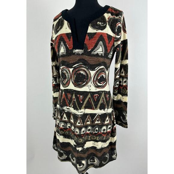 NWT Aryeh Size Medium Sweater Dress Abstract Orange Rust Midi Retro Boho Artsy - Picture 1 of 12